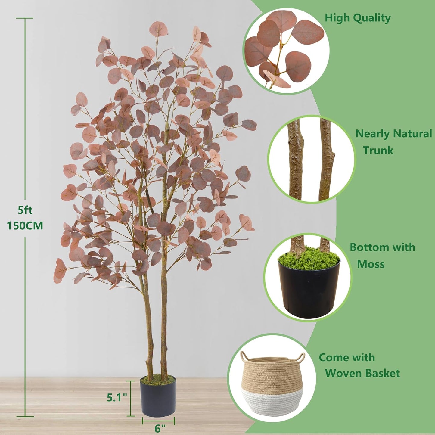 Artificial Eucalyptus Tree, 5ft Fake Eucalyptus Plant with Basket, Red Silver Dollars Silk Leaves Faux Tree for Home Office Perfect Housewares Gift Decoration