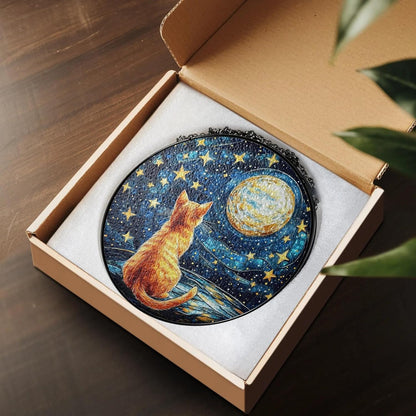 Orange Cat Stained Glass Suncatcher, Starry Night Orange Cat Lovers Gifts Window Hanging Garden Decor, Memorial Pet Loss Sympathy Gift Christmas Birthday for Grandma, Friends, Women