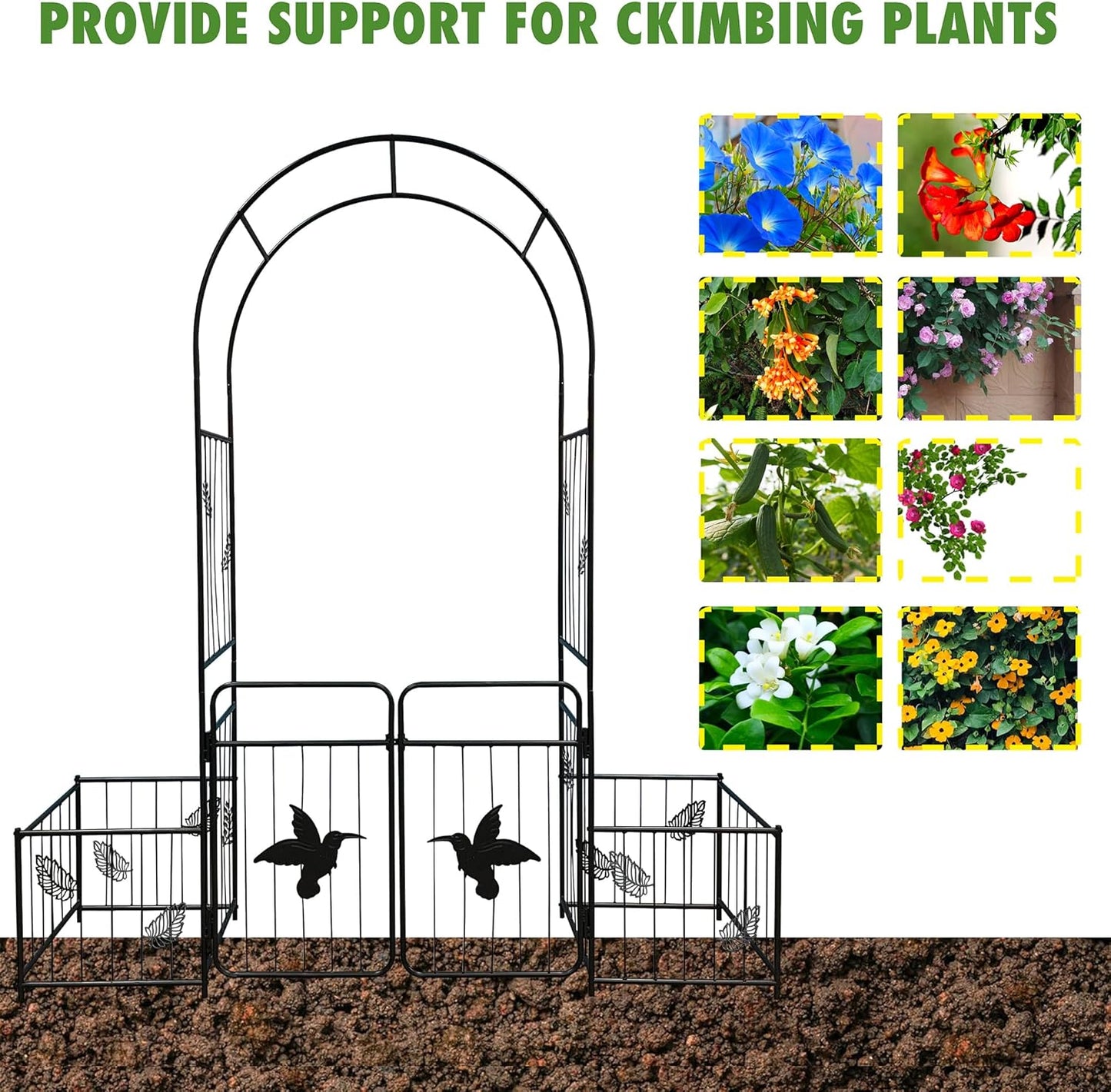 Metal Garden Arbor Arch with Gate and Plant Box, 86.6" H Garden Trellis Wedding Arch Party Decoration for Outdoor Lawn Climbing Plants Support Roses Vines (Bird)