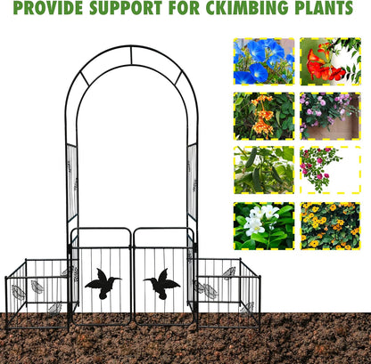 Metal Garden Arbor Arch with Gate and Plant Box, 86.6" H Garden Trellis Wedding Arch Party Decoration for Outdoor Lawn Climbing Plants Support Roses Vines (Bird)