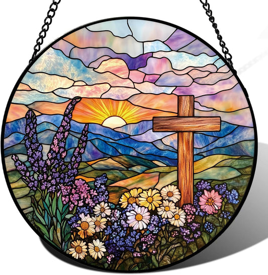 Wildflowers and Crosses Suncatcher -7.9 in Stained Glass Window Hanging Sun Catcher Garden Decor