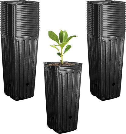 RunNico 50pcs Plastic Deep Plant Nursery Pots, 9.8”Tall Tree Pots,Black Deep Seedling Container Pots with Drainage Holes for Indoor Outdoor Gardening (4.7" Wx9.8 H)