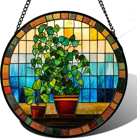Stained Glass Window Hanging Green Potted Plants Large 11.8" - Suncatcher Door Garden Sun Catcher