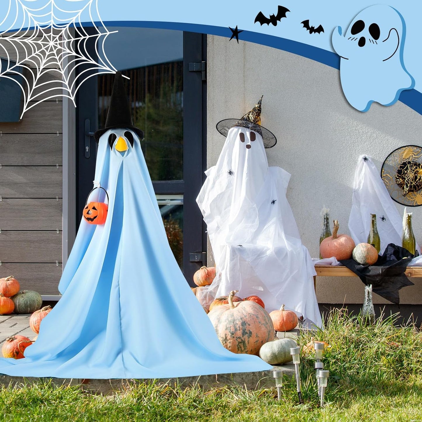 Halloween Porch Goose Outfit Ghost Lawn Goose Clothes with Pumpkin Bag for 23" Disco Plastic/Cement Outdoor Patio Yard Lawn Art Decoration(Blue,Matte)