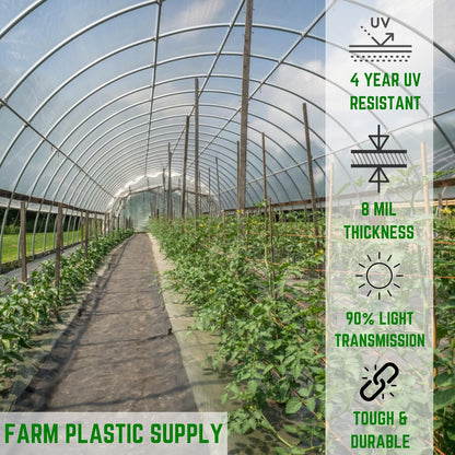 Farm Plastic Supply - Clear Greenhouse Plastic Sheeting - Ultra Durable - 8 mil - (16' x 50') - 4 Year UV Resistant Polyethylene Greenhouse Film for Gardening, Farming, Agriculture