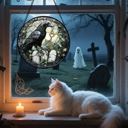 Stained Glass Window Hanging - Halloween Crow White Tombstone Suncatcher for Doors Garden Home Spooky Black Green Sun Catchers Gothic Decor Horror Gift for Women Men Friend Boy Girl 7.8 in