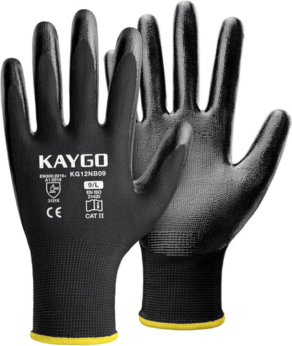 KAYGO Work Gloves Nitrile Coated, 12 Pairs KG12N，Seamless Knit, Protective Safety Work Gloves with Good Grip for General Work,Black,L