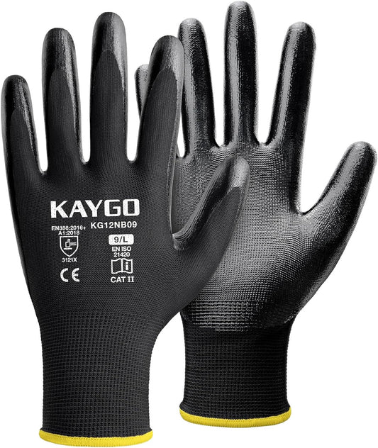 KAYGO Work Gloves Nitrile Coated, 12 Pairs KG12N，Seamless Knit, Protective Safety Work Gloves with Good Grip for General Work,Black,L