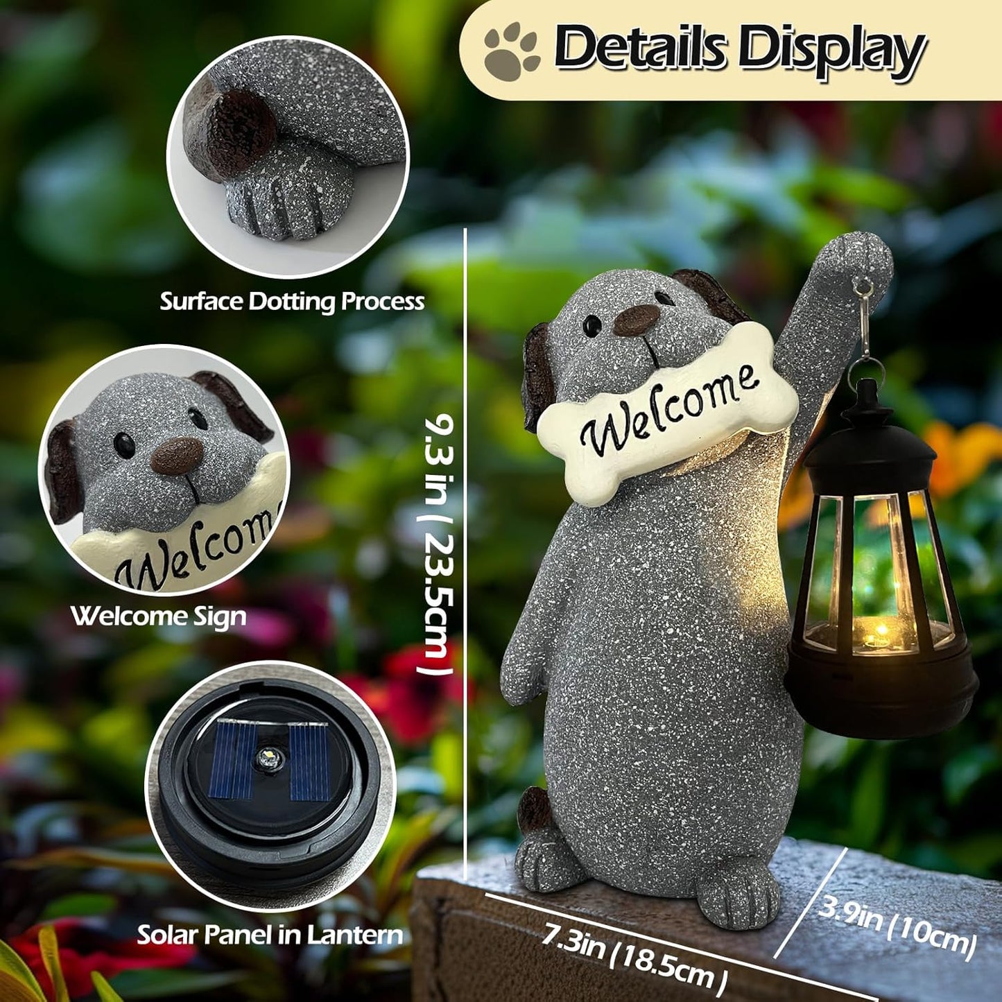 Dog Garden Statue with Solar Lantern, Cute Dog Figurine Light Decor with Welcome Sign for Outdoor Patio Balcony Yard Art, Warming Unique Resin Statue for Mom Grandma Women