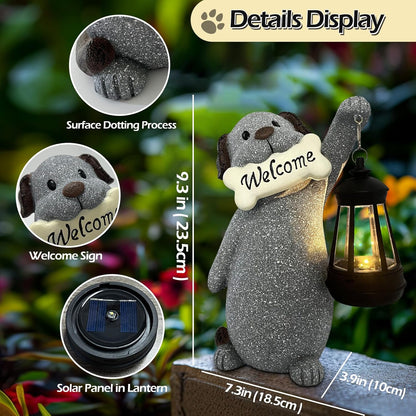Dog Garden Statue with Solar Lantern, Cute Dog Figurine Light Decor with Welcome Sign for Outdoor Patio Balcony Yard Art, Warming Unique Resin Statue for Mom Grandma Women