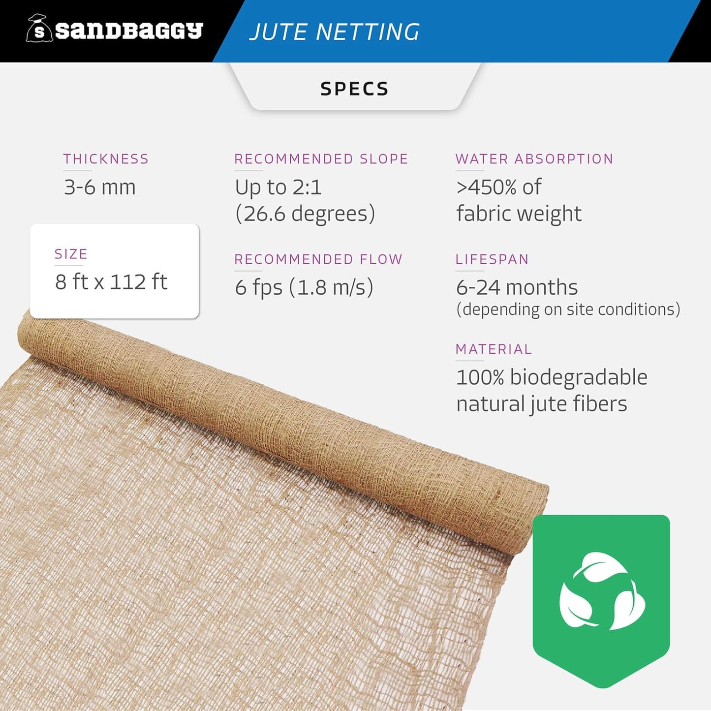 Sandbaggy Jute Netting Roll, 8 ft x 112ft - Biodegradable Erosion Control Blanket for Slopes, Hills & Drainage, Eco-Friendly, Durable Soil Stabilizer, Contractor-Approved for Landscaping (10 Rolls)