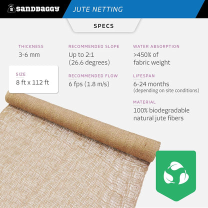 Sandbaggy Jute Netting Roll, 8 ft x 112ft - Biodegradable Erosion Control Blanket for Slopes, Hills & Drainage, Eco-Friendly, Durable Soil Stabilizer, Contractor-Approved for Landscaping (5 Rolls)