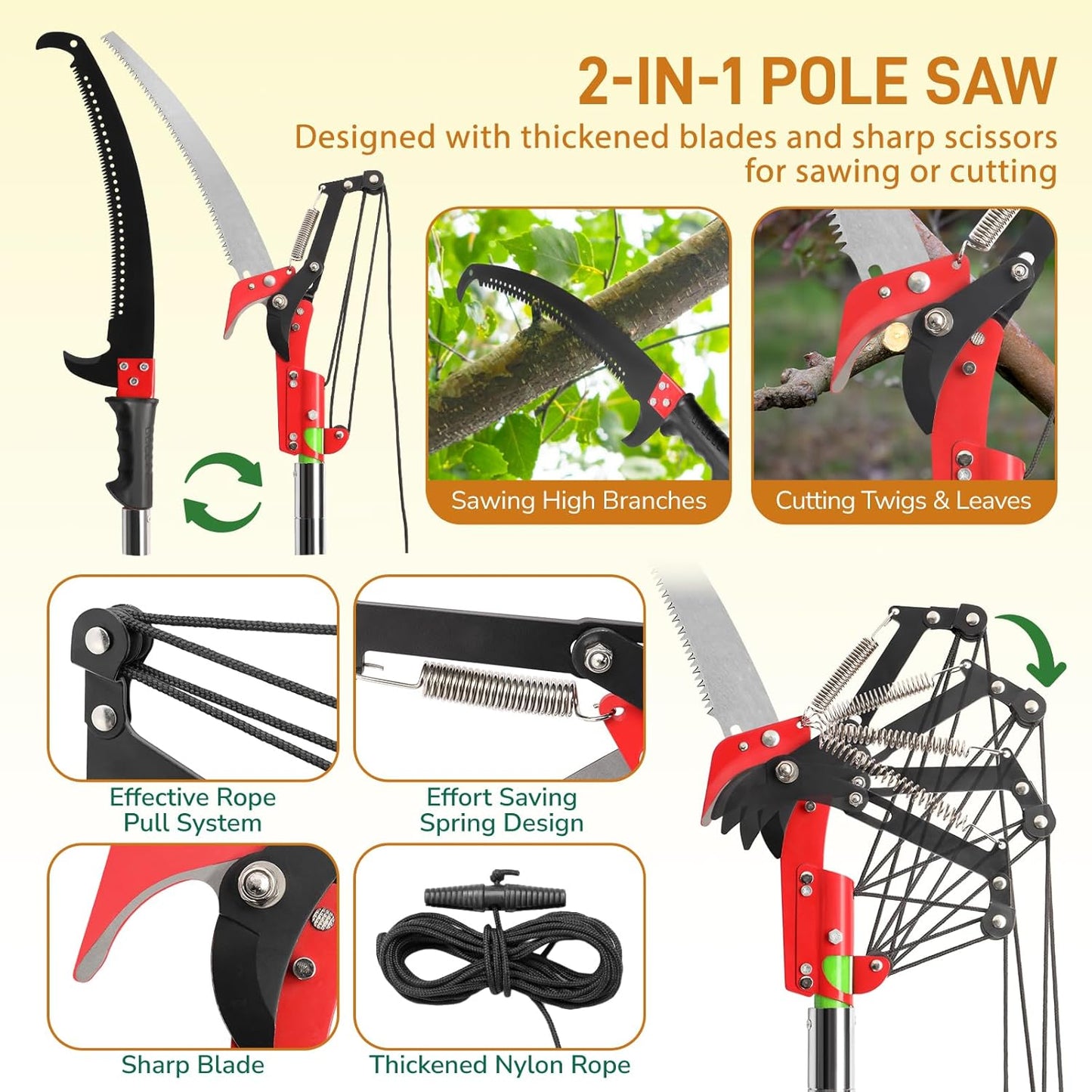 Outvita Manual Pole Saw, 26 Feet Extendable Tree Pruner with Knives and Storage Pocket, Sharp Steel Blade and Scissors High Branches Trimming for Pruning Palms and Shrubs（Yellow）