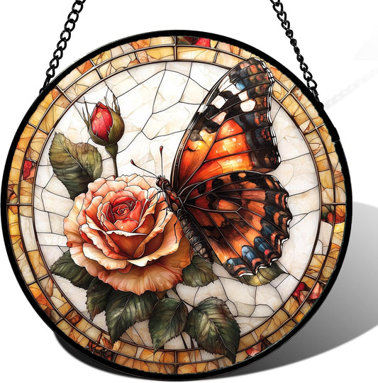 Stained Glass Window Hanging, Butterfly Picking Flowers Suncatcher for Doors Home Sun Catchers
