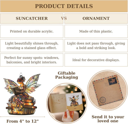 Book Fairy Acrylic Suncatcher Stained Glass Effect Window Car Hanging Christmas Ornament Indoor Outdoor Decor Garden Sun Catcher Panel Gifts for Fairy Tale Lover for Women Mom Grandma