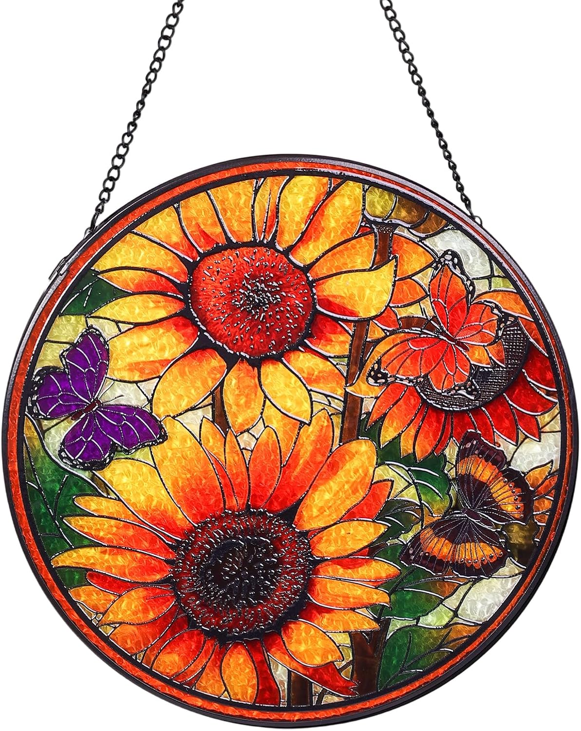 Sunflowers Handmade Stained Glass Window Hanging Suncatcher with Chain - 7.9" Outdoor/Indoor Art Decor for Home Garden, Wedding, Mother's, Valentine's & Christmas Ornaments Present