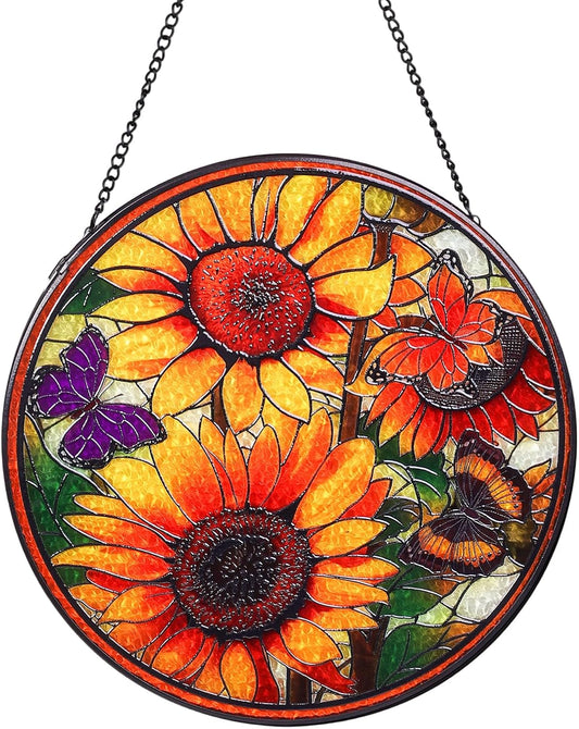 Sunflowers Handmade Stained Glass Window Hanging Suncatcher with Chain - 7.9" Outdoor/Indoor Art