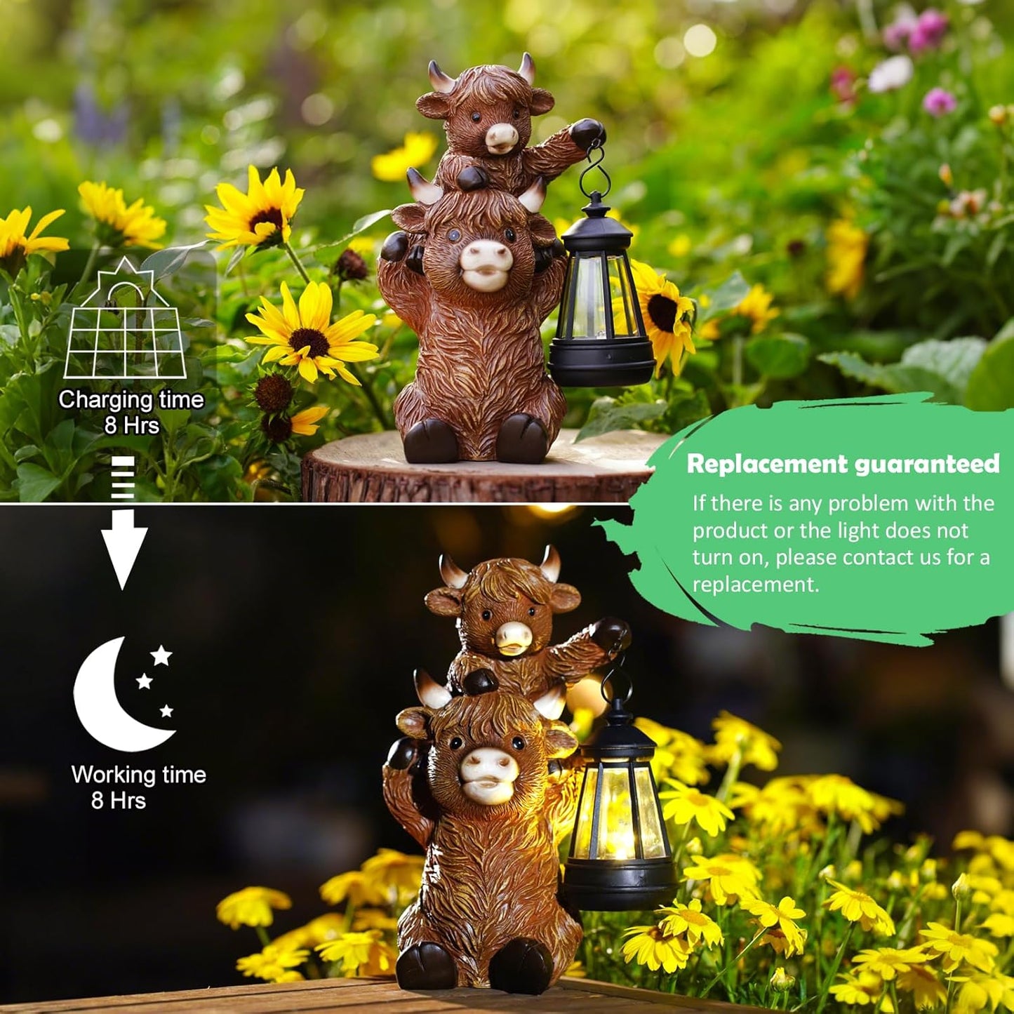Solar Highland Cow Garden Decor - Resin Cow Statue with Solar Lantern Outdoor Yard Patio Decor - Ideal Gifts for Women,Mom Men (Copper)