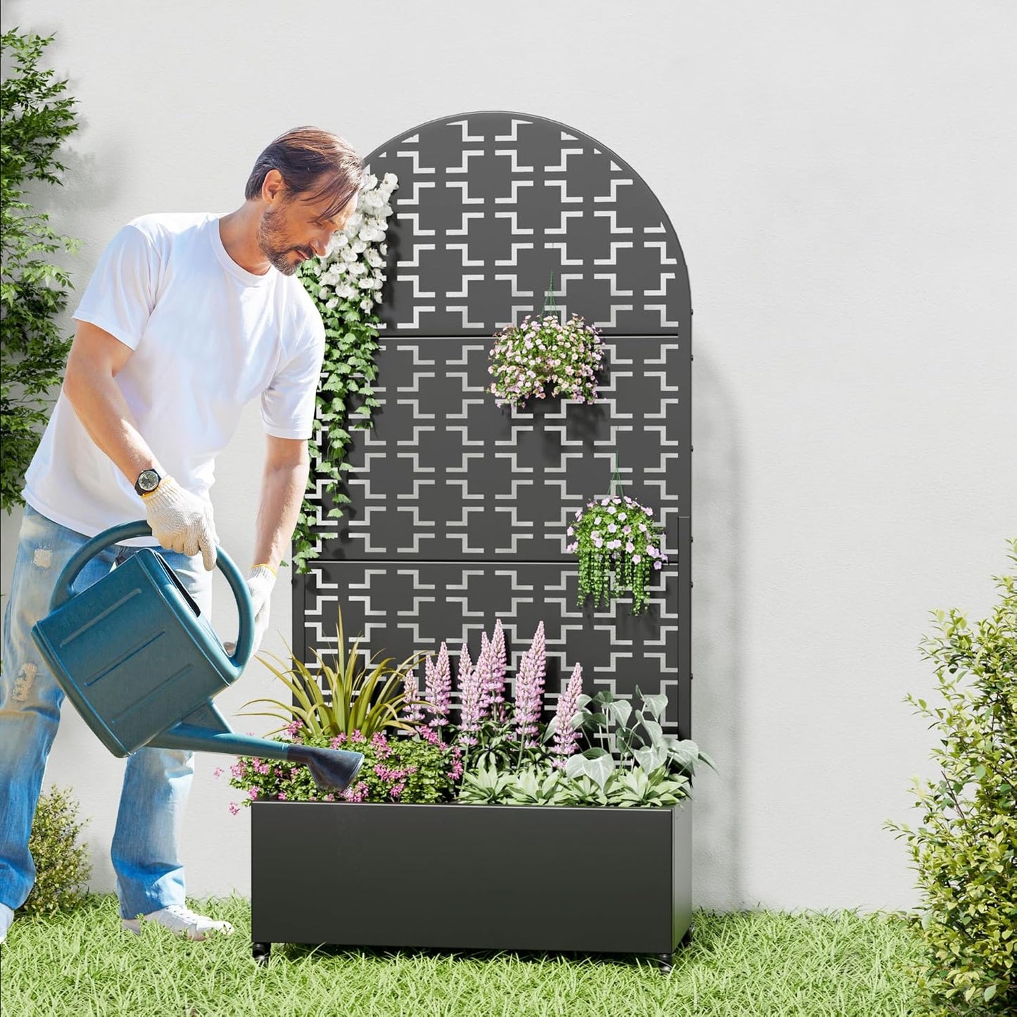 Casaphoria 72"x35" Metal Raised Garden Bed with Trellis(2 Pack),Outdoor Planter Box with Wheels & Drainage Holes for Climbing Plants, Flowers,Elevated Garden Kit, Black-Brick-Arched