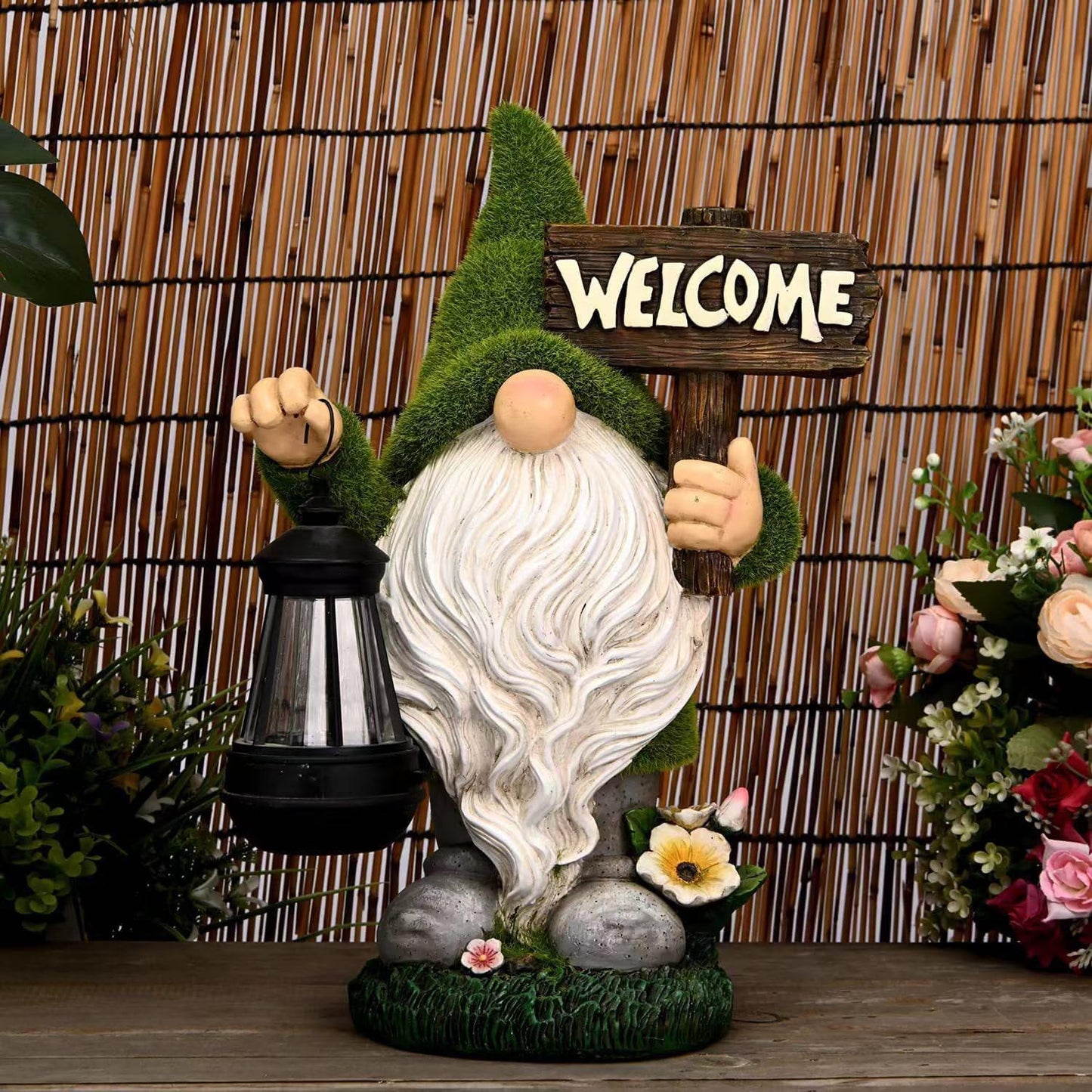 Garden Gnome Statue Outdoor Decor Large Flocked Resin Gnome Figurine with Solar Light Holding Lantern Welcome Sign Garden Yard Decorations Dwarf Sculpture for Outside Patio Porch Lawn Decor.