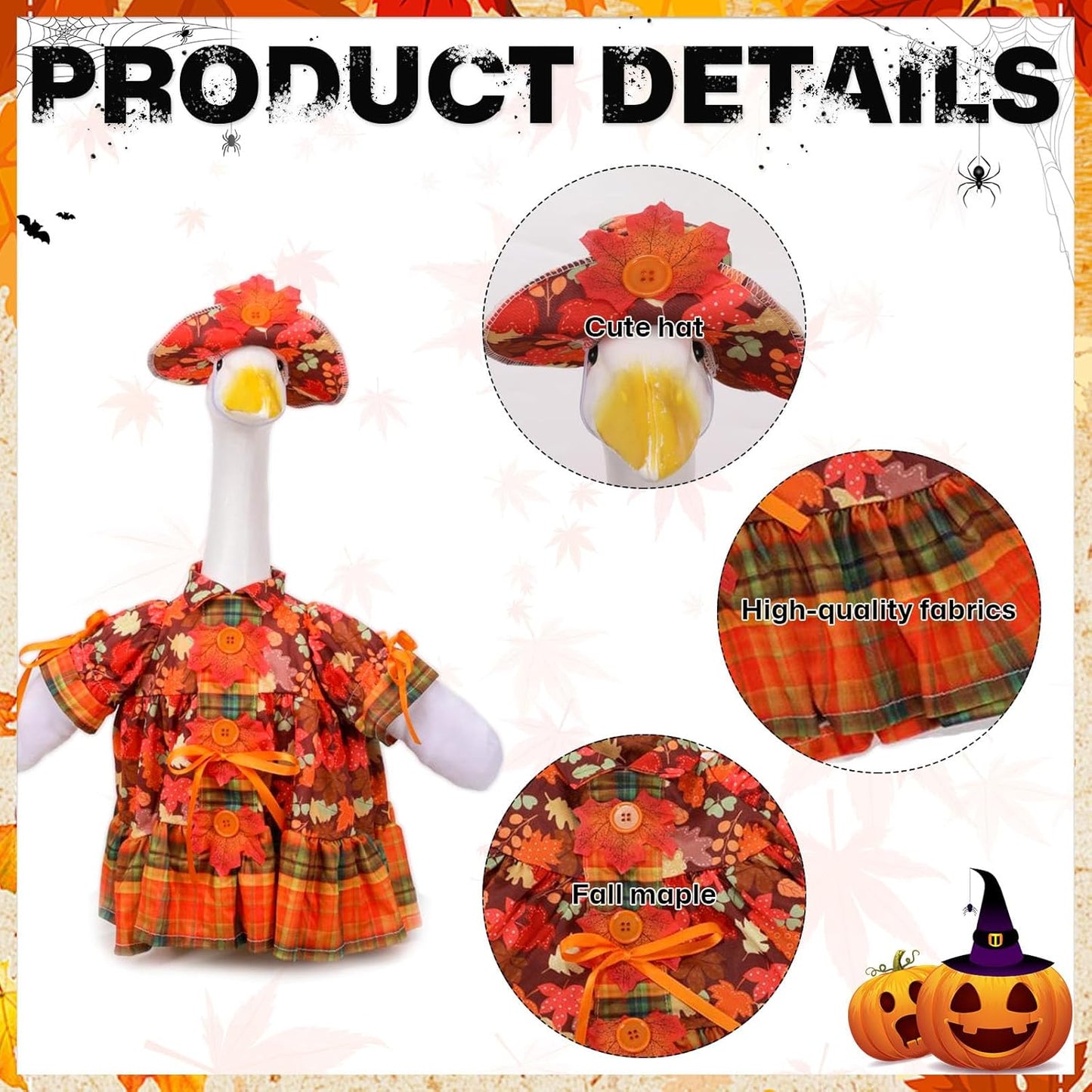 Fall Porch Goose Outfit Set for 23'' Plastic Statue Lawn Porch Goose Clothes with Thanksgiving Day Maple Leaf Skirt Hat Costume for Indoor Outdoor Patio Yard Lawn Art Decor