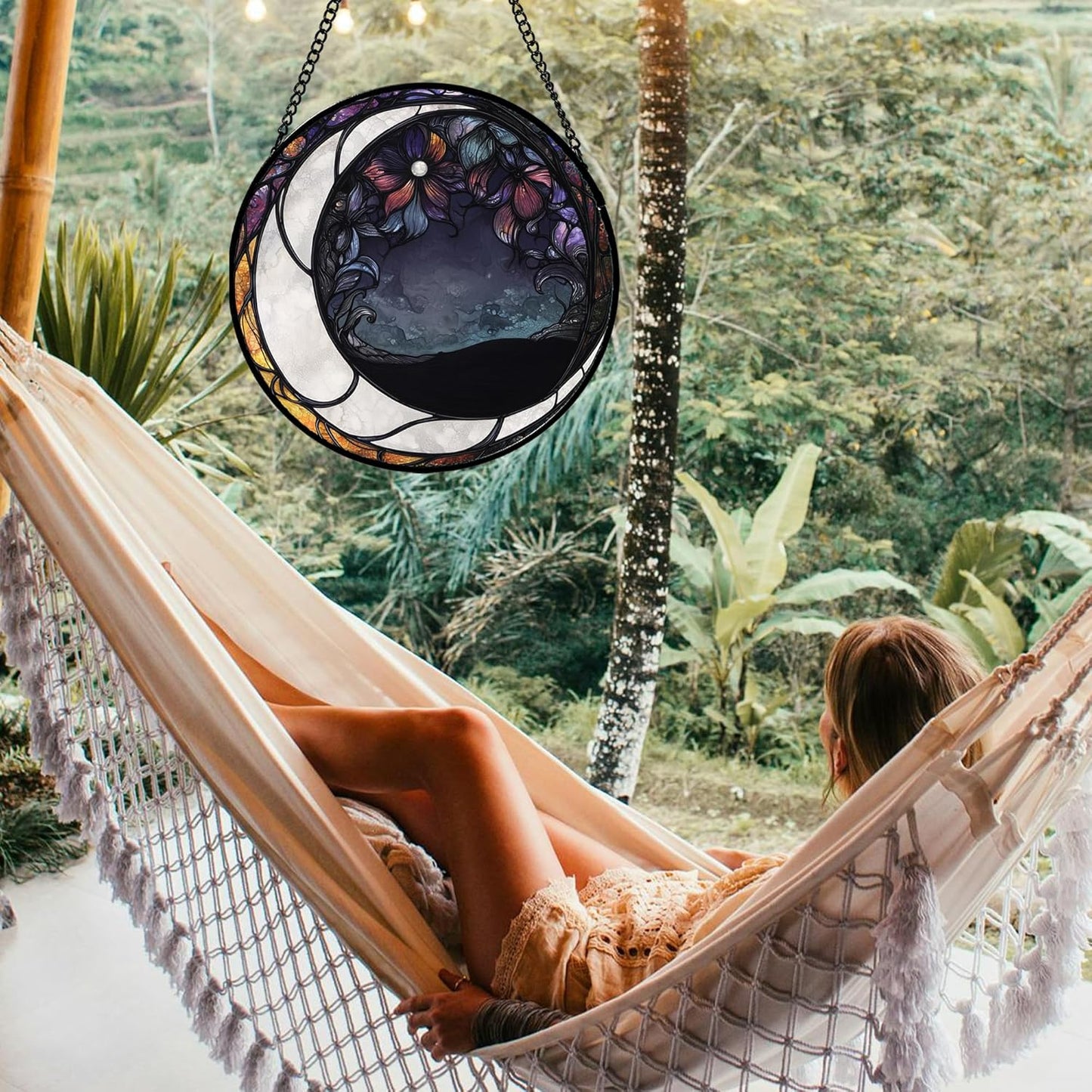 Stained Glass Window Hanging - Black and White Moon Sun Catcher for Door Terrace Garden Home Decor, Abstract Plant Flower Suncatcher Birthday Gifts for Lovers Women Men Dad Mom Nana 11.8 in