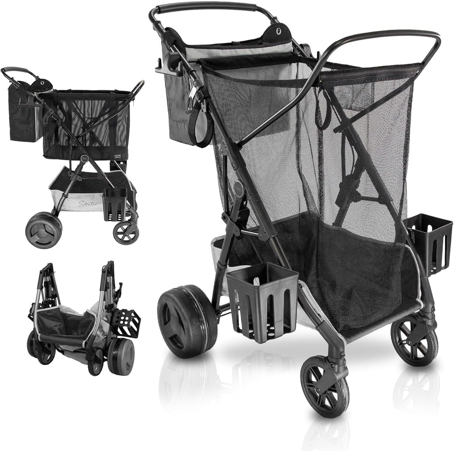Strolee Large Wheeled Collapsible Beach Cart for Soft Sand, Shopping, Camping & Garden- Lightweight Aluminum Frame- Removable Storage Bag with Carrying Straps, X-L Capacity & Cooler Rack Dark Grey