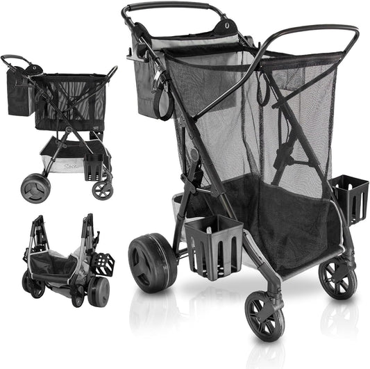 Strolee Large Wheeled Collapsible Beach Cart for Soft Sand, Shopping, Camping & Garden- Lightweight Aluminum Frame- Removable Storage Bag with Carrying Straps, X-L Capacity & Cooler Rack Dark Grey