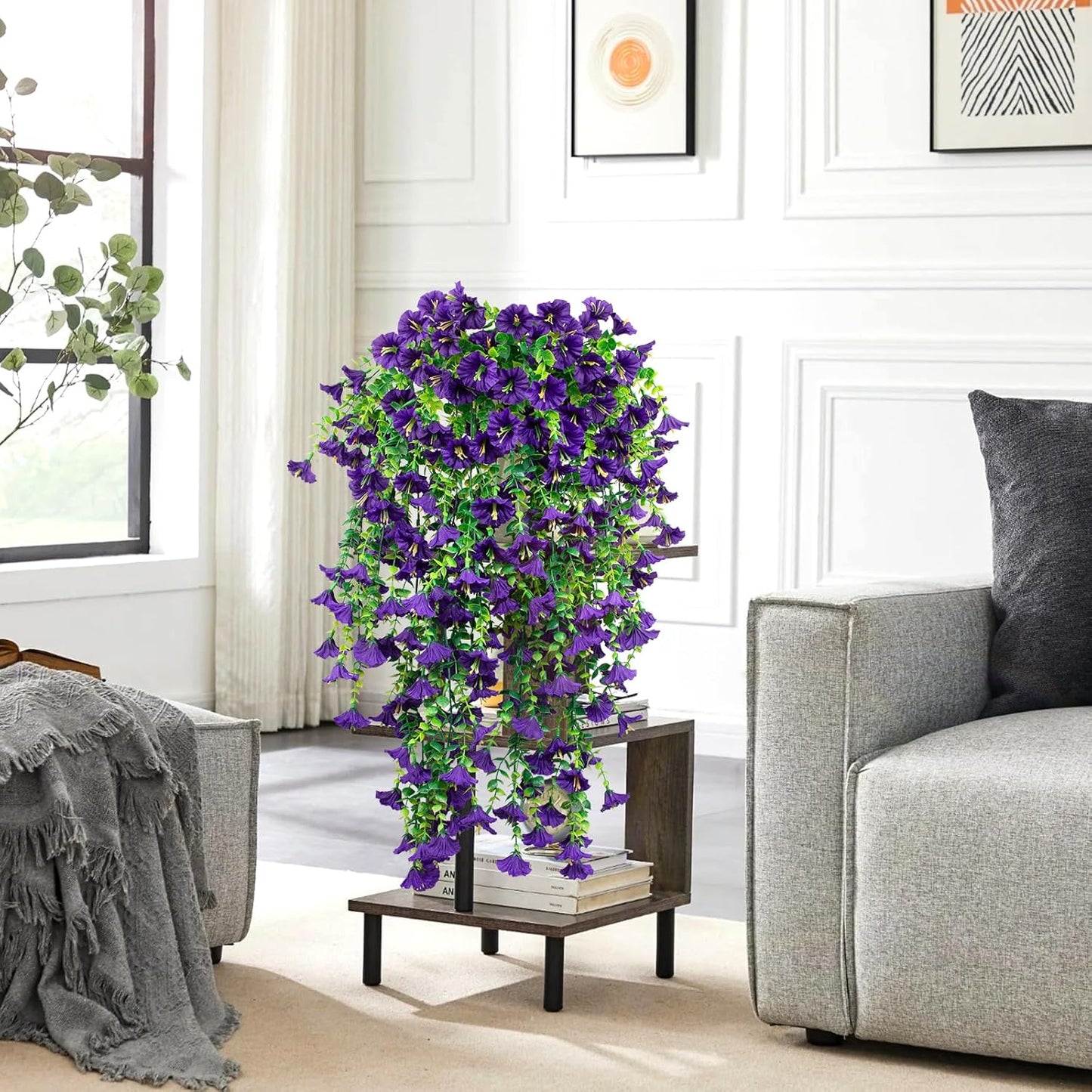 4 Pack Artificial Faux Hanging Flowers Plant for Outdoor, Fake Silk Morning Glory with Eucalyptus UV Resistant Realistic Trailing Vine for Wall Home Porch Patio Balcony Yard Indoor Decor, Purple
