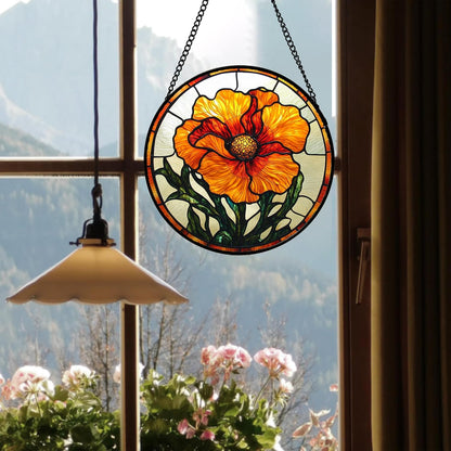 Stained Glass Window Hanging - Orange Poppy Birth Flower Suncatcher for Door Garden Yard Retro Sun Catchers Decor Christmas Mother's Day Birthday Gifts for Women Mom Nana Friend 11.8 in