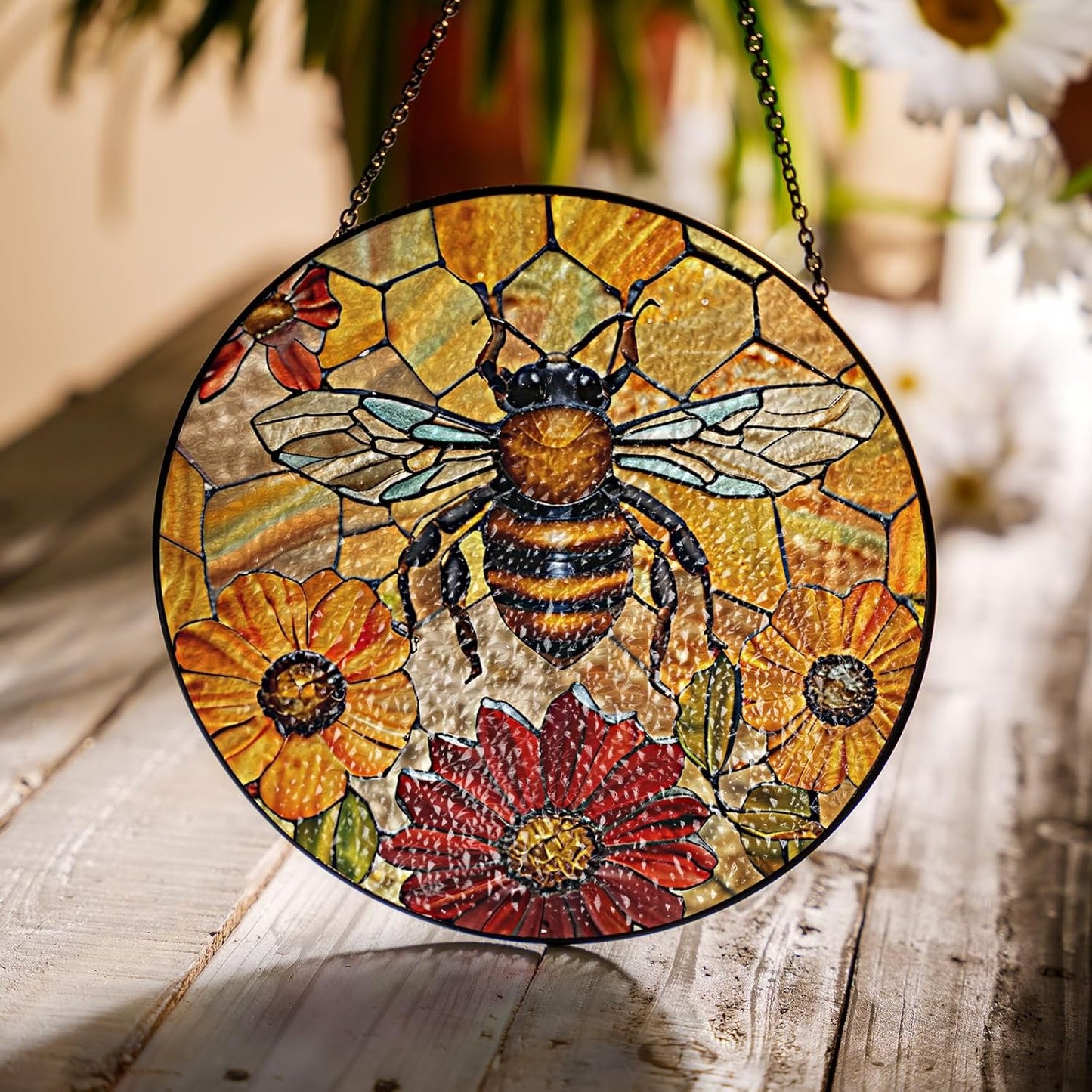 7.8" Bee Honeycomb Stained Glass Suncatchers Art Insect Flowers for Sun Catcher Gifts for Pet Insects Animal Nature Floral Lovers Women Grandma Mom Friend Painted Glass Panel Décor BUG-08C-SG8