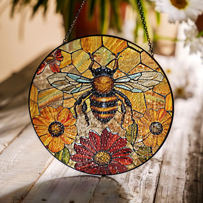 7.8" Bee Honeycomb Stained Glass Suncatchers Art Insect Flowers for Sun Catcher Gifts for Pet Insects Animal Nature Floral Lovers Women Grandma Mom Friend Painted Glass Panel Décor BUG-08C-SG8