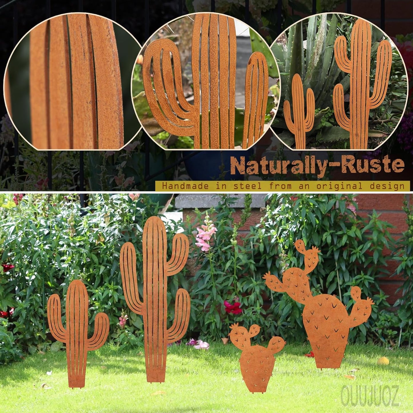 2pcs Metal Cactus Outdoor Decor,Metal Plants Prickly Pear Cactus,Desert Steel Yard Art, Garden Decor、Lawn Decoration