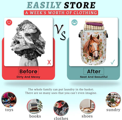 Watercolor Horse Laundry Basket Foldable With Handles Cute Animal Floral Tote Bag Oxford Cloth Colorful Laundry Hamper Clothes Toy Storage Bucket For Bathroom/Laundry/Bedroom 18.9" x 16.5 "