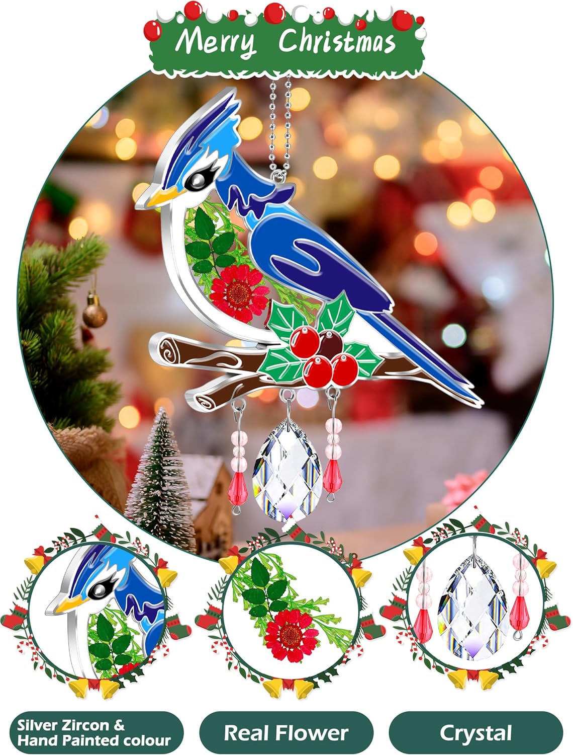 KY&BOSAM Blue Bird Suncatcher Gifts for Mom Hand Painted Stained Glass for Windows Hanging Wind Chime Pressed Rearl Flower Wings and Crystal Charm Gift for Mom Mother`s Day Birthday Christmas Decor