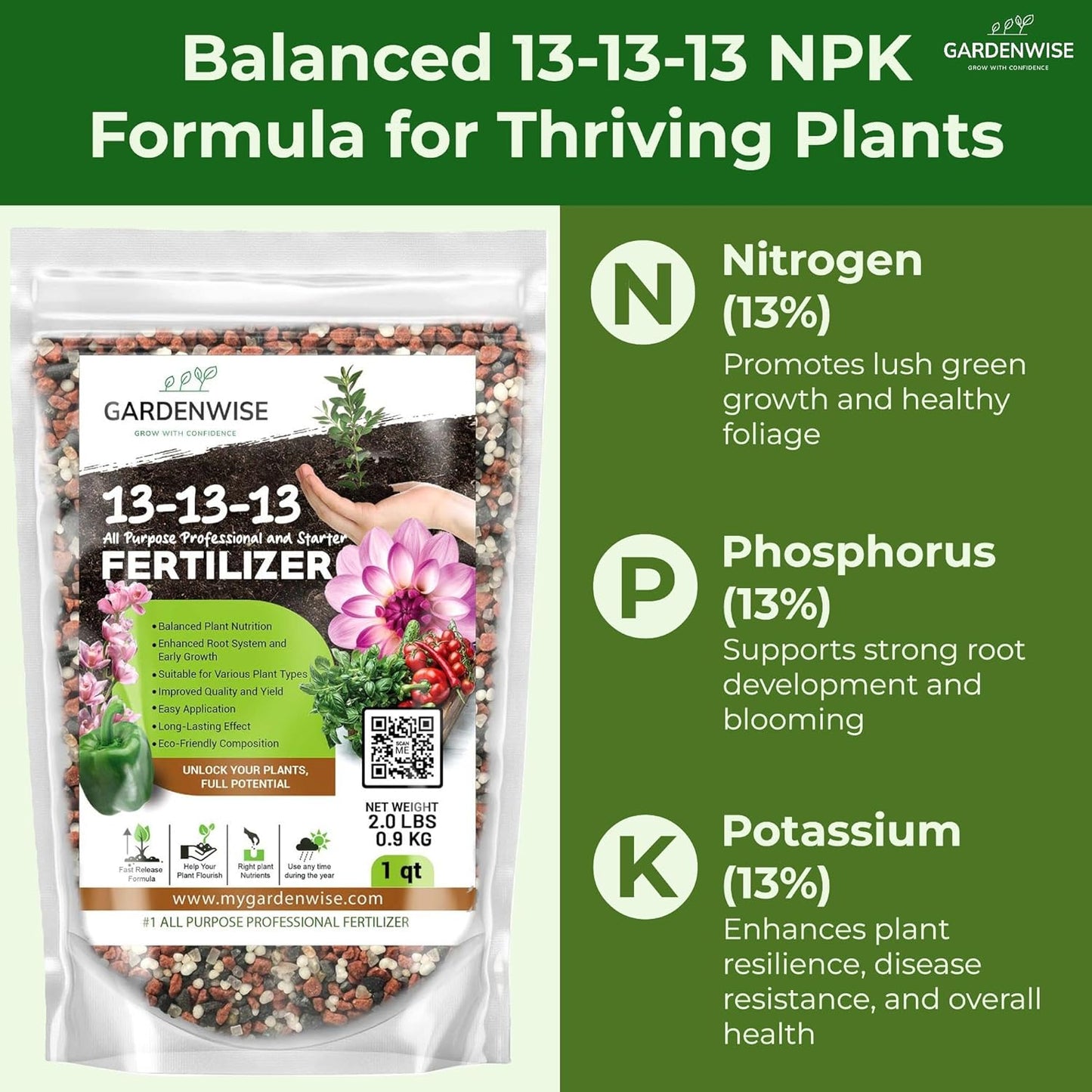 13-13-13 Slow Release Granular Fertilizer – All Purpose Plant Food 13 13 13 for Outdoor Grass, Vegetables, Roses, Flowers, Shrubs, Trees. Lawns, Gardens, Potted Plants (1 Quart)