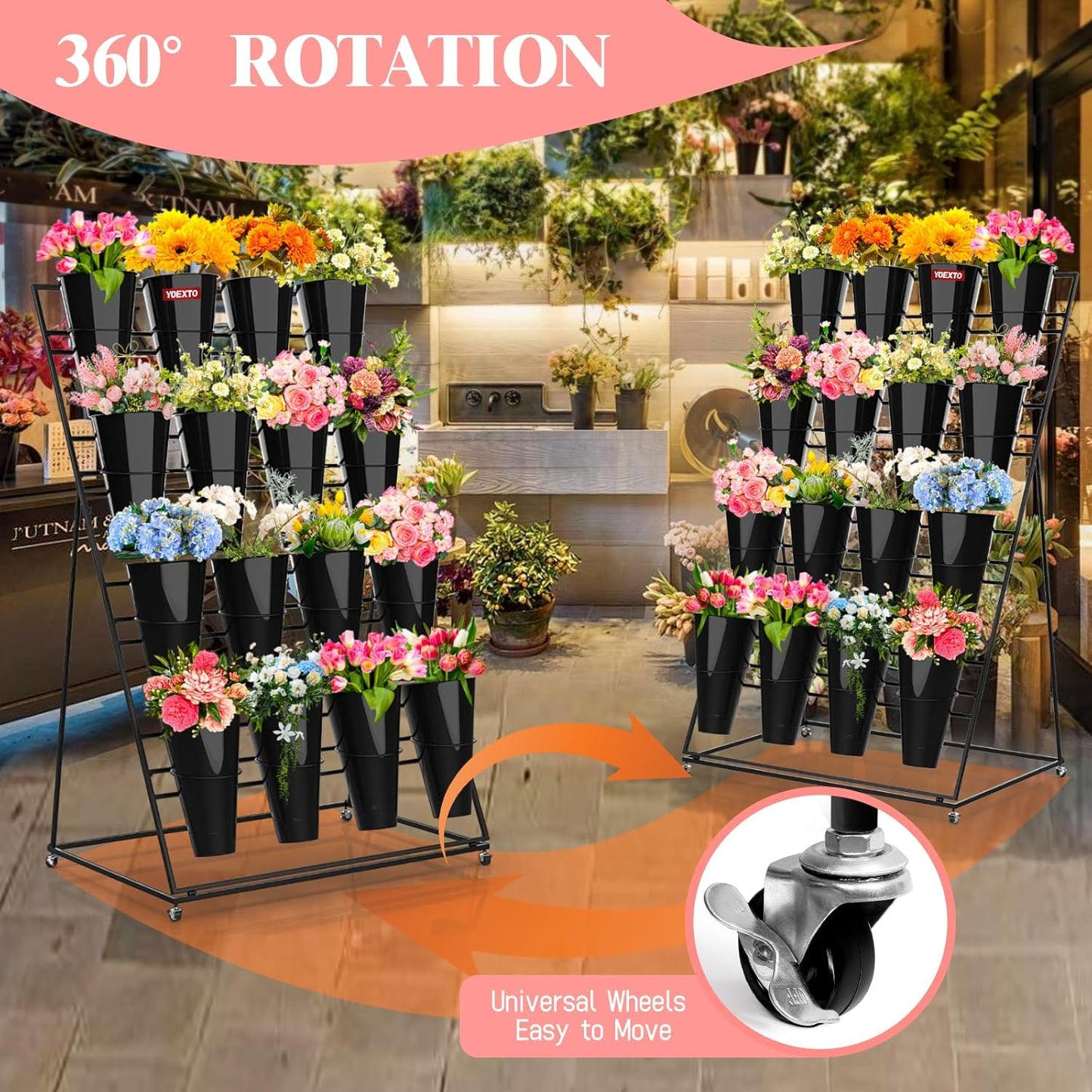 Flower Display Stand with Buckets, 4 Layers 16 PCS Buckets Plant Stand with Wheels, Movable Metal Plant Stand for Terrace Garden, Living Room, Florist Shop (Black Frame - Black Buckets, 4-Tier)