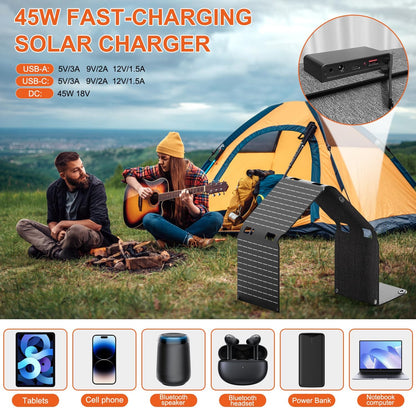 45W Solar Panels Charger with Handle 18V USB-A USB-C DC Portable Foldable Power Emergency ETFE Monocrystalline Panels IP67 Waterproof Camping Hiking