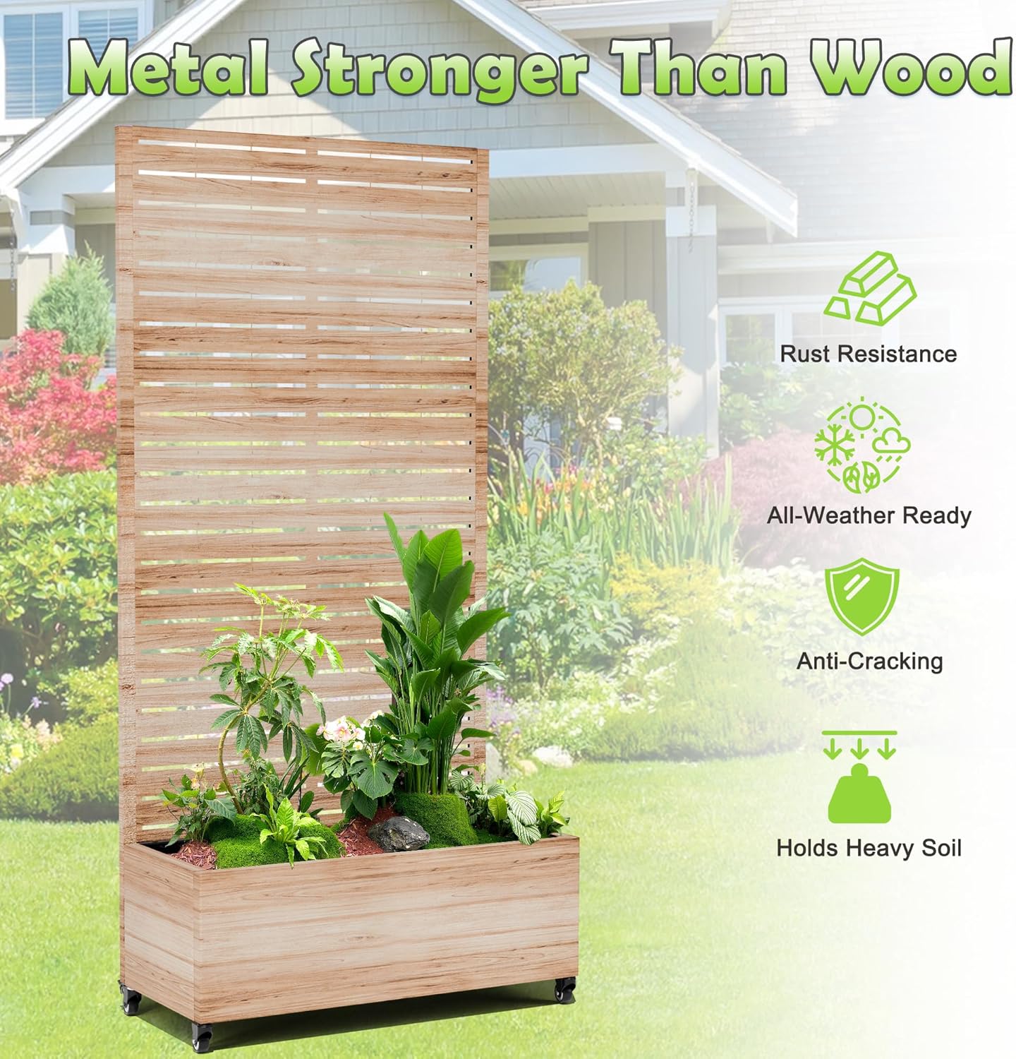 15.7"×70.9"×35.4" Metal Raised Garden Bed with Trellis and Wheels - Tall Trellis Planter Box for Climbing Plants, Vegetables & Vines - Outdoor Privacy Planters for Patio (Acacia Wood Grain)