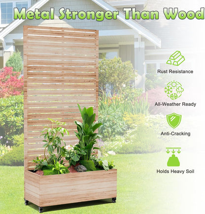 15.7"×70.9"×35.4" Metal Raised Garden Bed with Trellis and Wheels - Tall Trellis Planter Box for Climbing Plants, Vegetables & Vines - Outdoor Privacy Planters for Patio (Acacia Wood Grain)