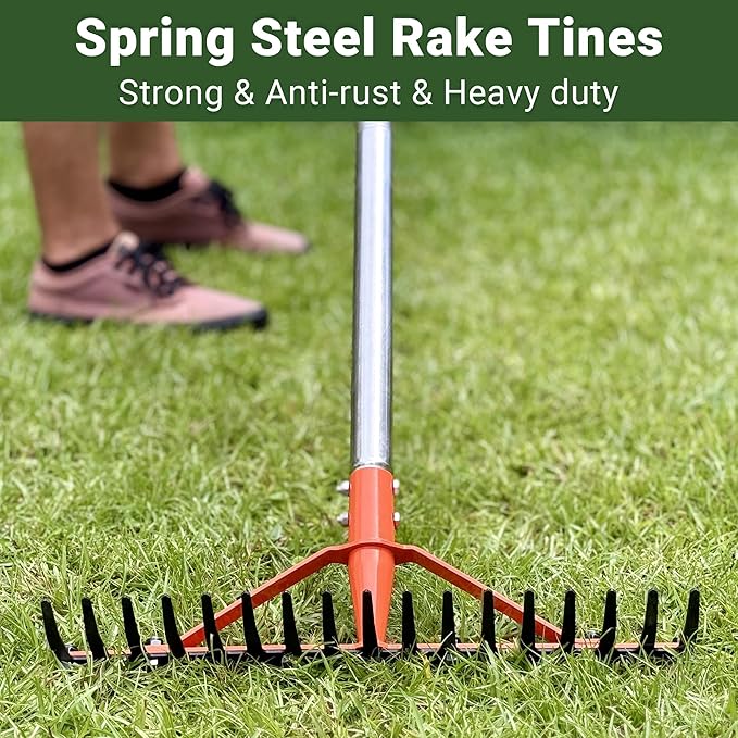 Garden Rake 17 Tempered Spring Steel Tines Heavy Duty Rake for Lawns Bow Rakes Metal Rakes with 62 Inch Stainless Steel Adjustable Long Handle for Loosening Soil Yard Work