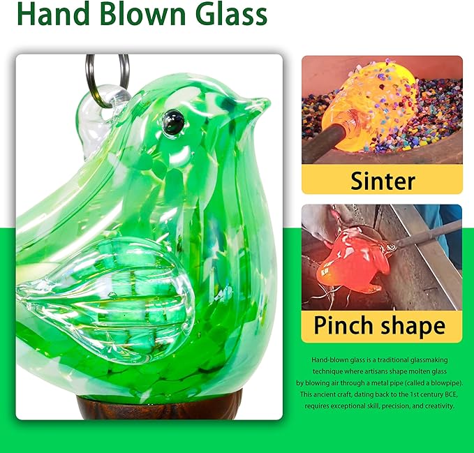 Wind Chimes, Solar Glass Bird Shape, LED, Outdoor Lawn and Patio Glass and Metal Decoration, 7 x 4 x 44 Inch (Green)