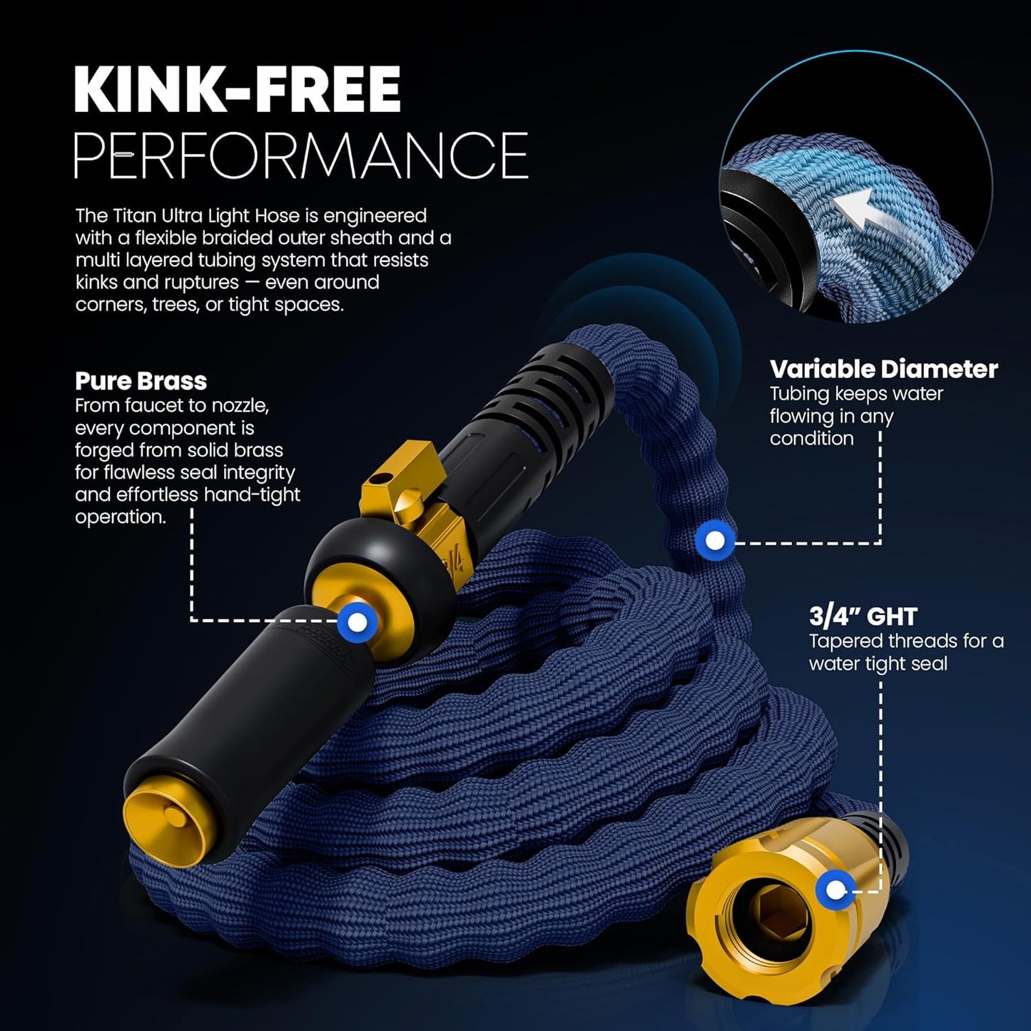 TITAN Flexible Garden Hose 10FT – Ultra Lightweight, Heavy Duty Water Hose with Brass Fittings & Jet Nozzle – Kink-Free, Non-Expanding, Durable Fabric Hose for Yard, Lawn, Car Wash, Outdoor Use