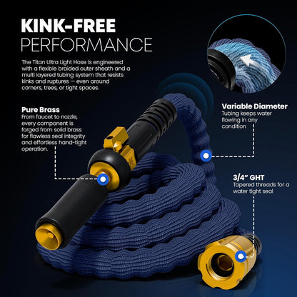 TITAN Flexible Garden Hose 65FT – Ultra Lightweight, Heavy Duty Water Hose with Brass Fittings & Jet Nozzle – Kink-Free, Non-Expanding, Durable Fabric Hose for Yard, Lawn, Car Wash, Outdoor Use