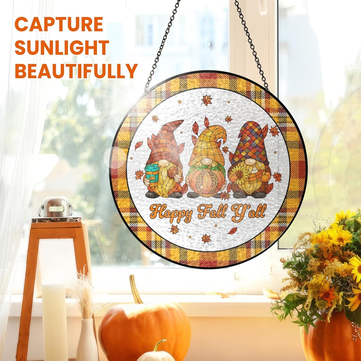 FLAGWIX Fall Decorations for Home - Happy Fall Y'all Stained Glass Window Hanging 8 in - Fall Gifts for Women Men, Gnomes Sun Catchers Indoor Window Garden Decor, Thanksgiving Decorations Sun Catcher