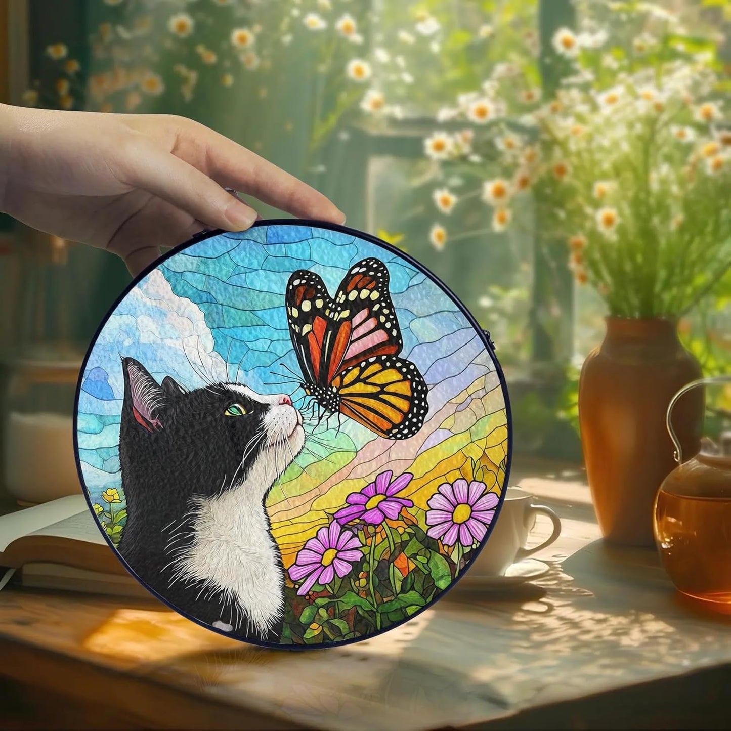 Tuxedo Cat Gifts, Black & White Cat Memorial Suncatcher Gift for Loss of Cats, Butterfly Stained Glass Suncatcher Window Hanging Garden Decor, Pet Loss Gift Christmas Sympathy Gifts for Women