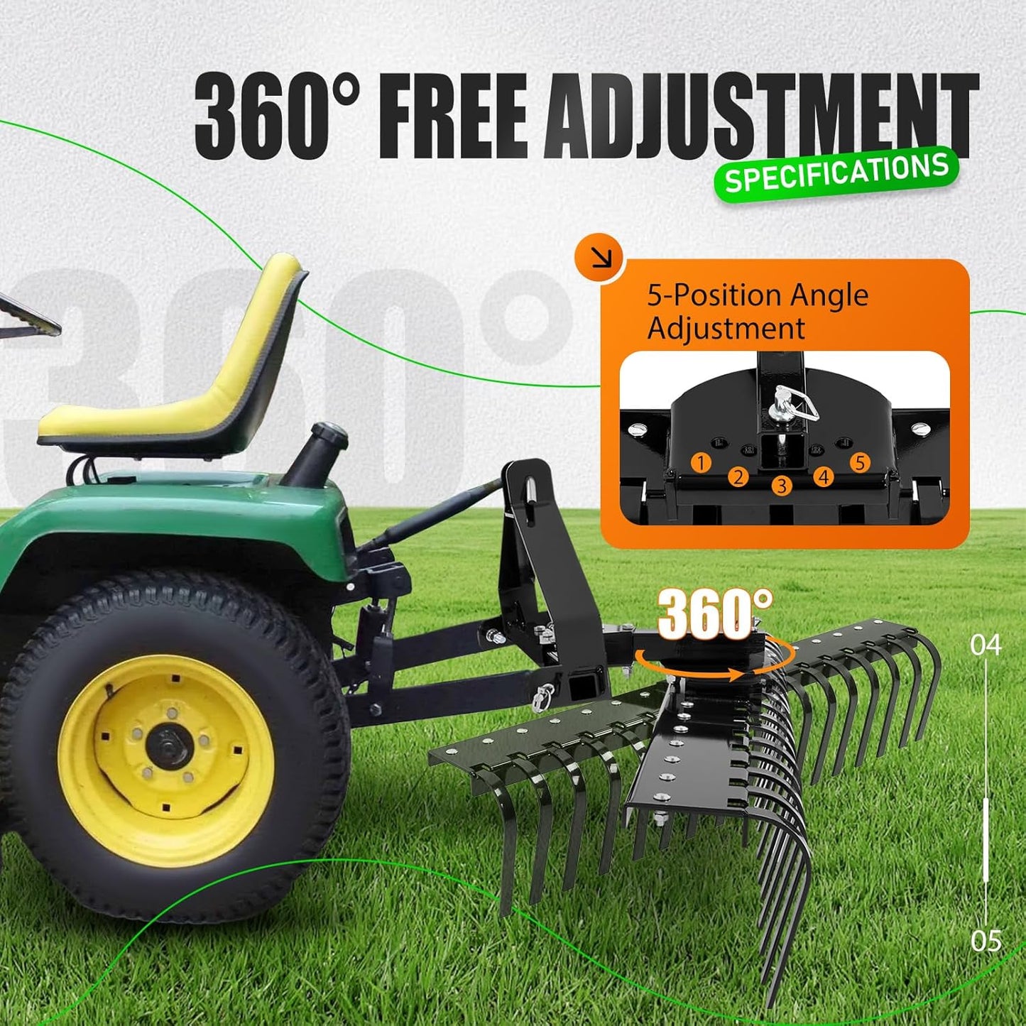 KUAFU 50" 3 Point Landscape Rake for Category-0 Cat-0 Tractor with 360 Degree Rotation, Replaceable Spring Tines and Pin Hith, Rock Attach Rake Tow Behind Dethatcher for Lawn, Garden, Farm, Grass