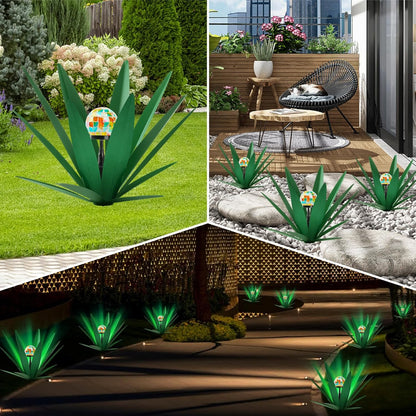 TOMBABY Solar Rustic Garden Style Metal Agave Plants Outdoor Patio, Home Decor Hand-Painted Metal Agave Garden Patio Statues, Suitable for Desert Areas Outdoor Lawn Decorations (2 Solar Green)