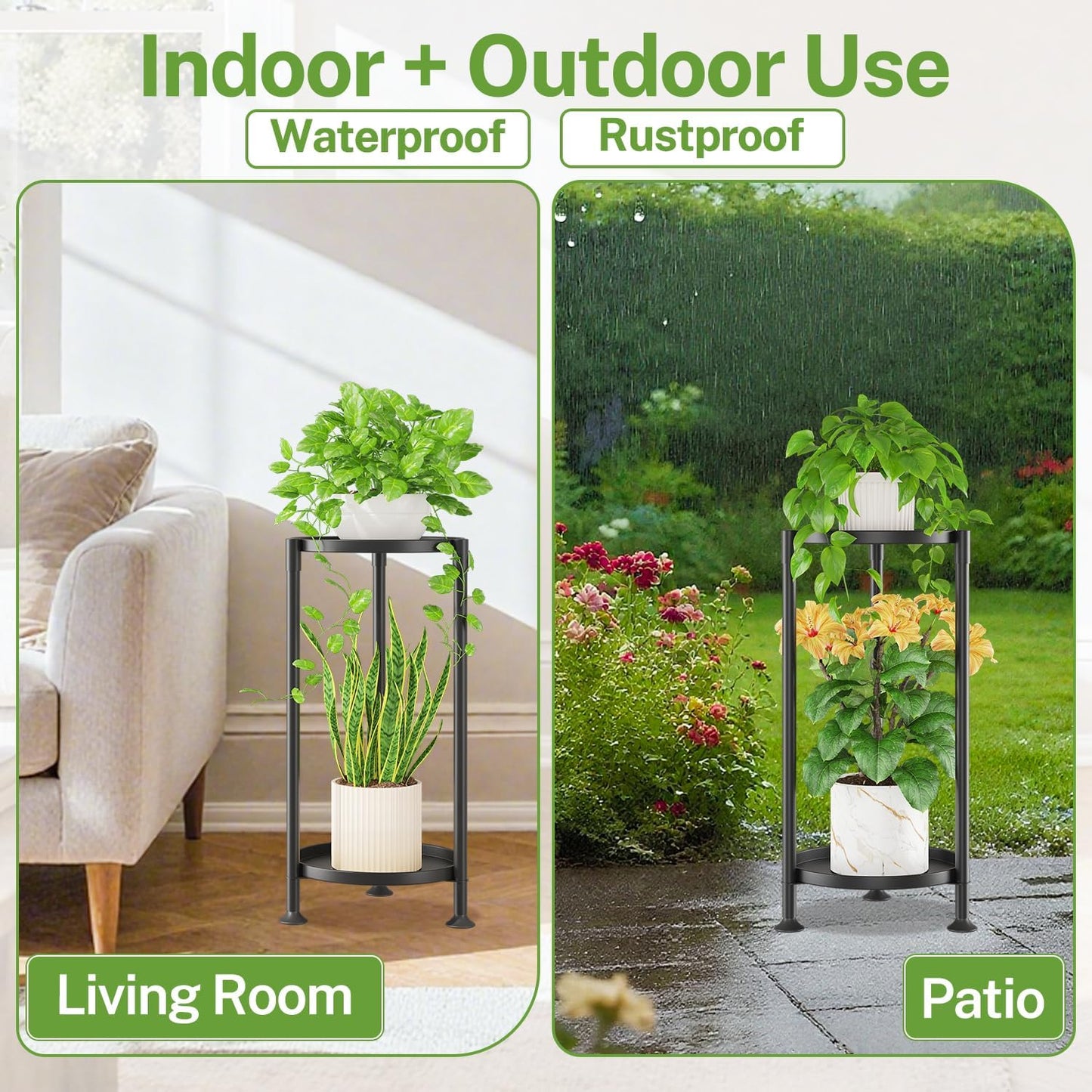 iDavosic.ly 2 Tier Plant Stand Indoor with 10 Inch Wide Tray, Vertical Corner Metal Outdoor Flower Display Holder Shelf, Folding Tall Rack for Patio Porch Living Room, Modern Black