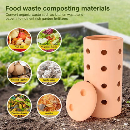 Underground Worm Farm Clay 10Inch Garden Composting bin Ceramics Outdoor Gardening from Kitchen Food Waste with Holes Systems Sustainable Worm Composter for Raised Garden Beds at Home